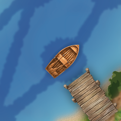 Board detail showing a Boat on the water beside a dock