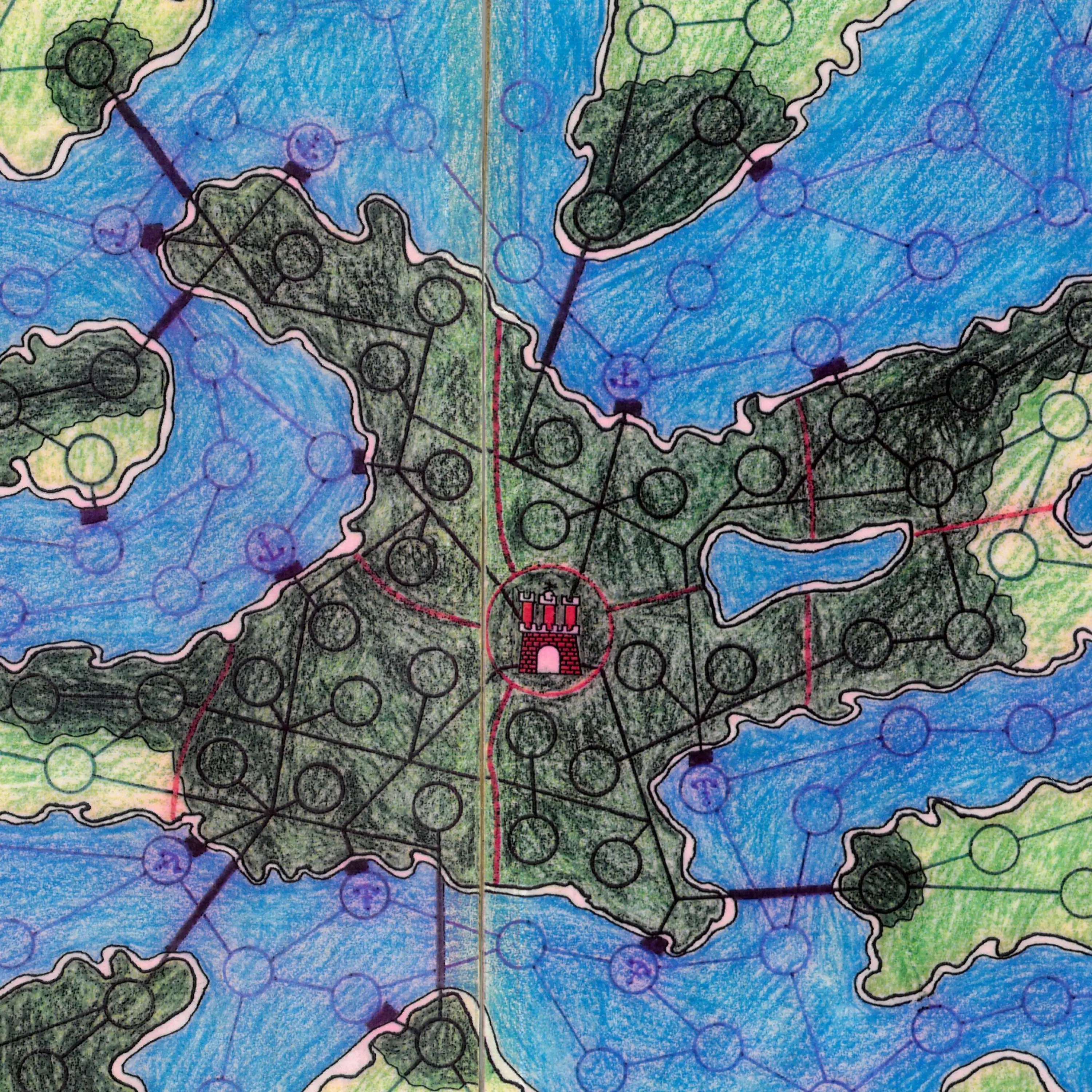 Original Thamylos game board, hand-drawn in coloured pencil